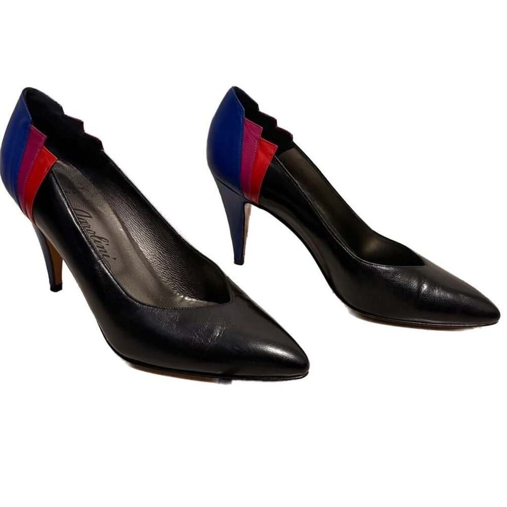 Vtg Italian Leather Black Pointed Toe Heels 80s Colorblock Retro Office Siren 6M
